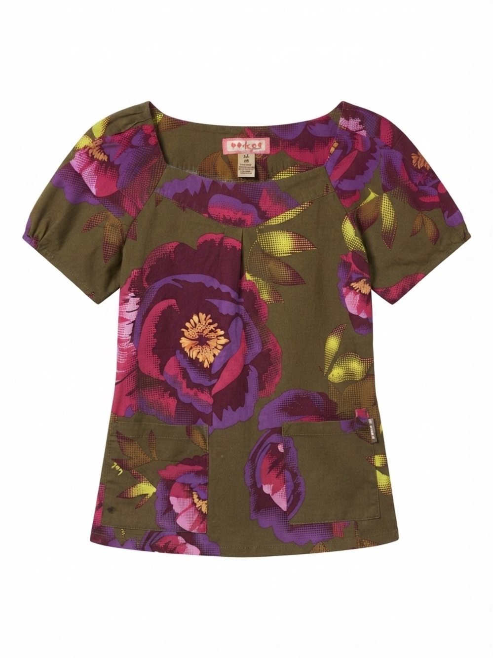 Koi woman’s Olive Floral Scoop-Neck Tunic with Pockets size XS